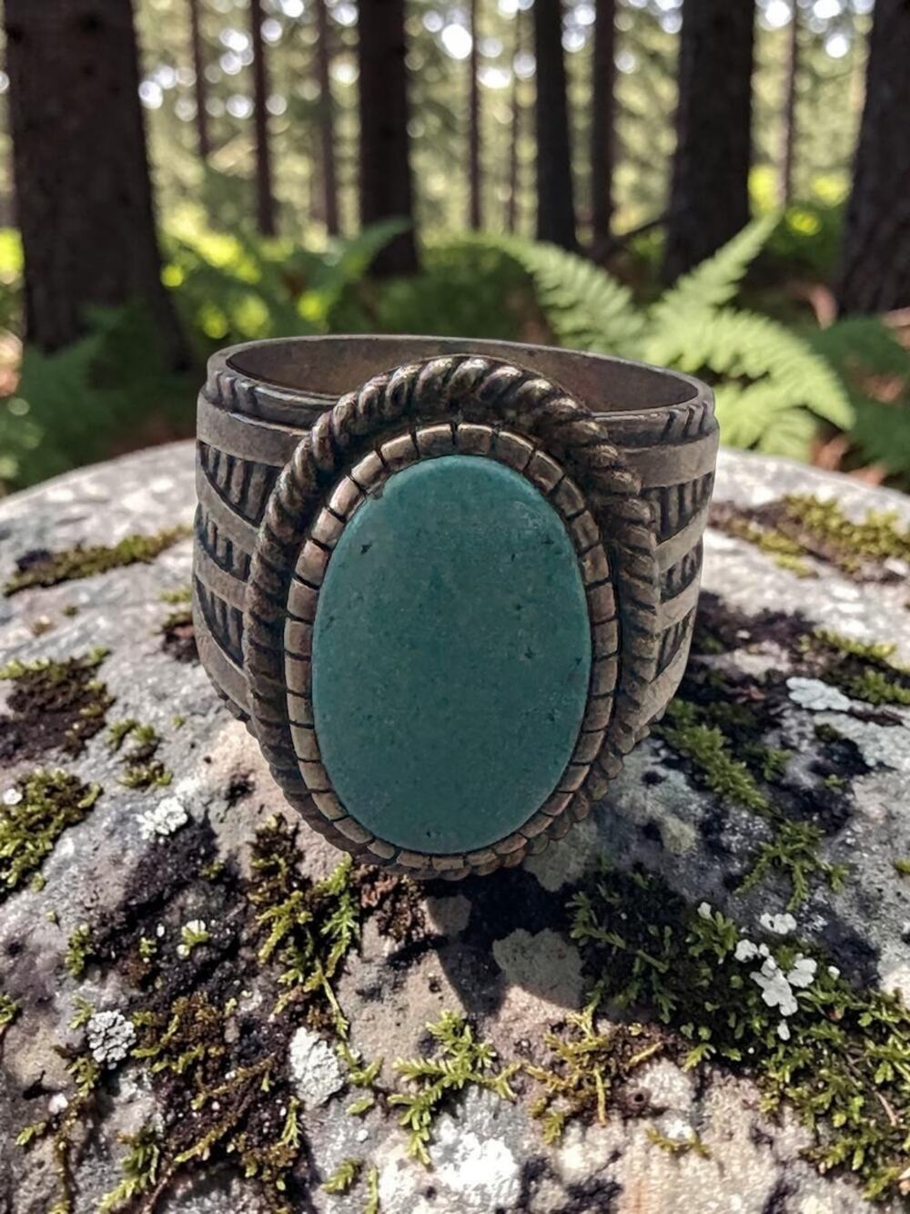 Vintage silver turquoise wide band statement ring rope border bezel geometric st